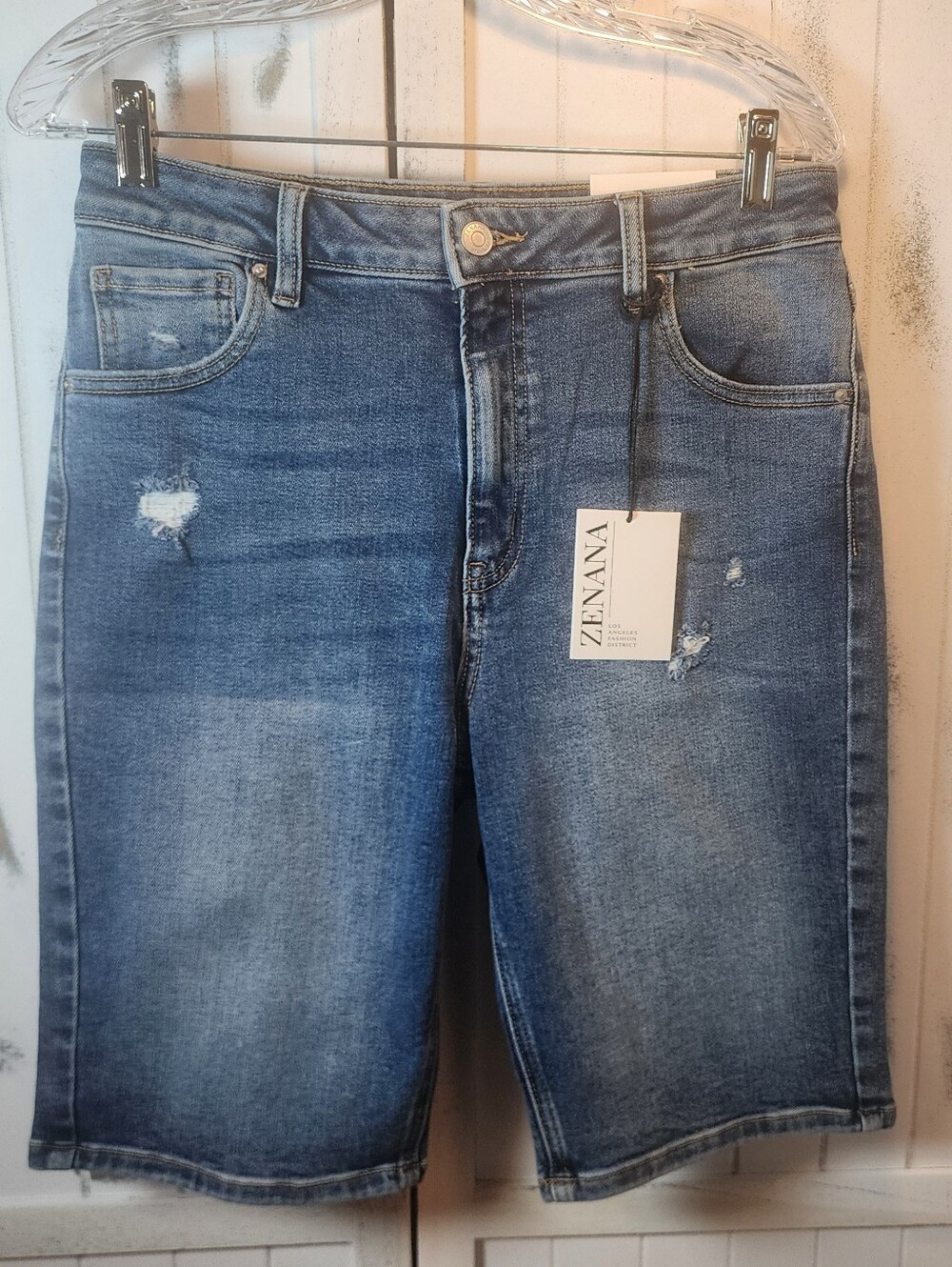 Zenana High-Rise Denim Distressed Bermuda Shorts - Picture 3 of 10